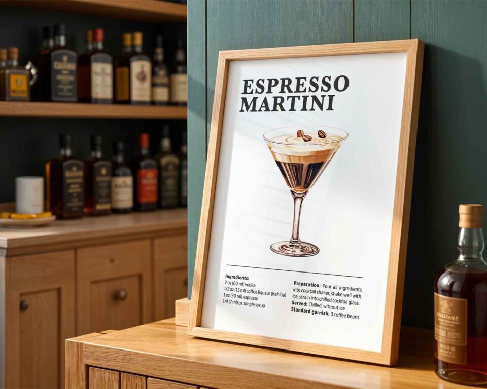 Classic Espresso Martini Recipe Wall Art | Illustrated Cocktail Poster for Home Bar | Kitchen & Bar Cart Decor Poster Print
