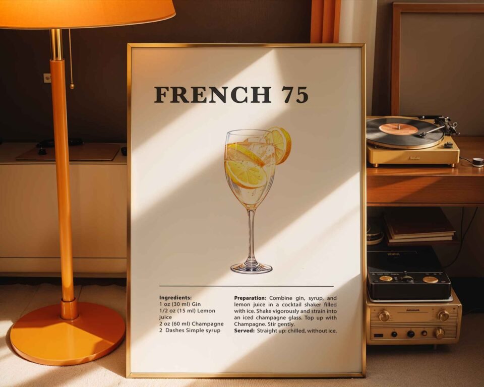 French 75 Cocktail Recipe Poster Print | Minimalist Bar Cart Wall Art | Kitchen & Dining Room Decor | Illustrated Cocktail Guide