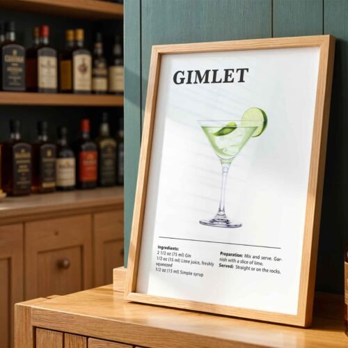 Minimalist Gimlet Cocktail Poster Print | Illustrated Cocktail Recipe Print | Modern Kitchen & Bar Wall Art Prints
