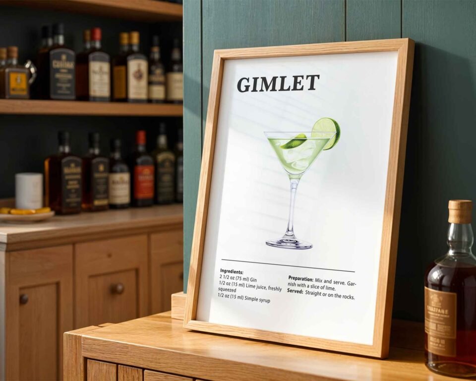 Minimalist Gimlet Cocktail Poster Print | Illustrated Cocktail Recipe Print | Modern Kitchen & Bar Wall Art Prints