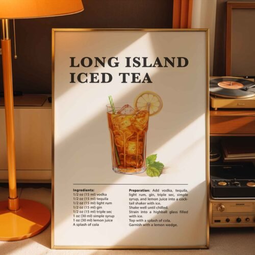 Classic Long Island Iced Tea Recipe Wall Art | Illustrated Cocktail Poster for Home Bar | Kitchen & Bar Cart Decor Poster Print