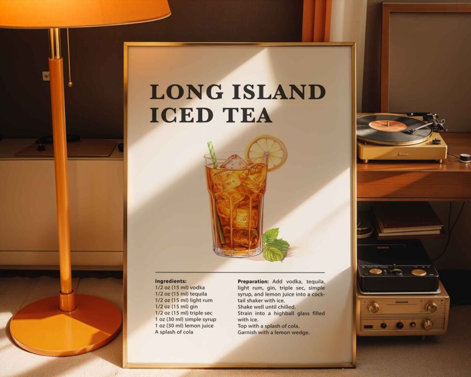 Classic Long Island Iced Tea Recipe Wall Art | Illustrated Cocktail Poster for Home Bar | Kitchen & Bar Cart Decor Poster Print