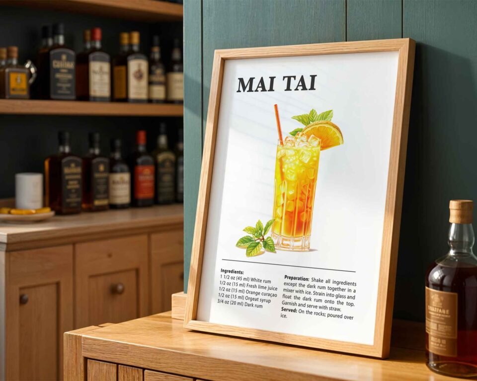 Mai Tai Cocktail Recipe Poster Print | Minimalist Bar Cart Wall Art | Kitchen & Dining Room Decor | Illustrated Cocktail Guide