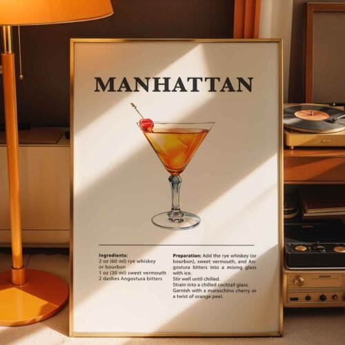 Classic Manhattan Recipe Wall Art | Illustrated Cocktail Poster for Home Bar | Kitchen & Bar Cart Decor Poster Print