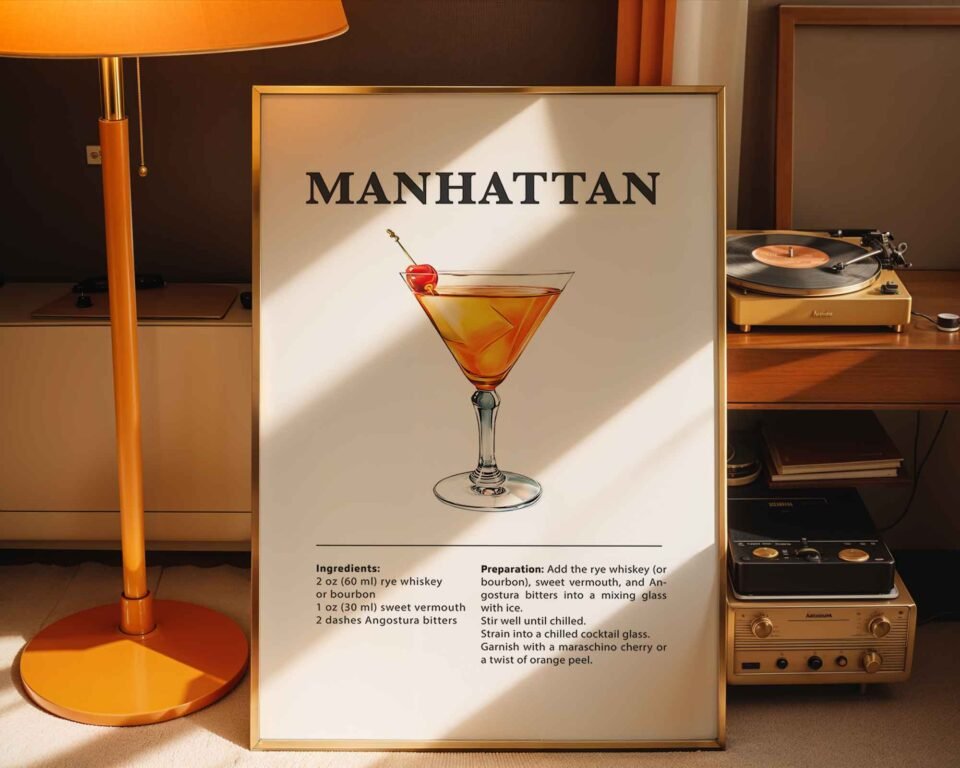 Classic Manhattan Recipe Wall Art | Illustrated Cocktail Poster for Home Bar | Kitchen & Bar Cart Decor Poster Print