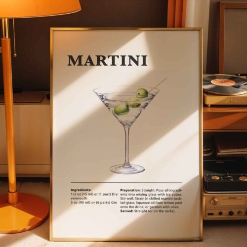 Classic Martini Cocktail Recipe Wall Art | Illustrated Cocktail Poster for Home Bar | Kitchen & Bar Cart Decor Poster Print