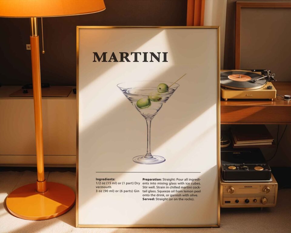 Classic Martini Cocktail Recipe Wall Art | Illustrated Cocktail Poster for Home Bar | Kitchen & Bar Cart Decor Poster Print