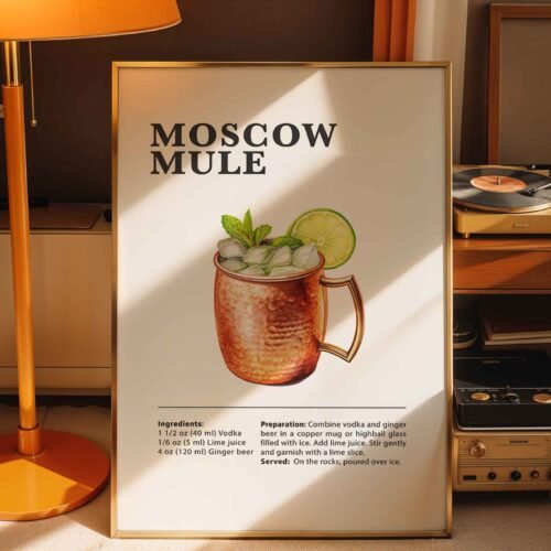 Moscow Mule Cocktail Recipe Poster Print | Minimalist Bar Cart Wall Art | Kitchen & Dining Room Decor | Illustrated Cocktail Guide