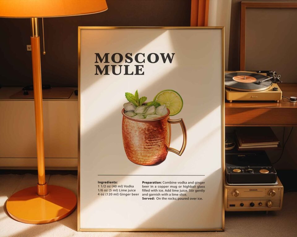 Moscow Mule Cocktail Recipe Poster Print | Minimalist Bar Cart Wall Art | Kitchen & Dining Room Decor | Illustrated Cocktail Guide
