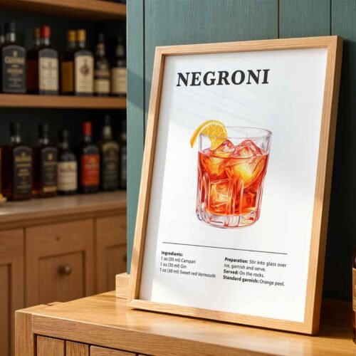 Classic Negroni Cocktail Recipe Wall Art | Illustrated Cocktail Poster for Home Bar | Kitchen & Bar Cart Decor Poster Print