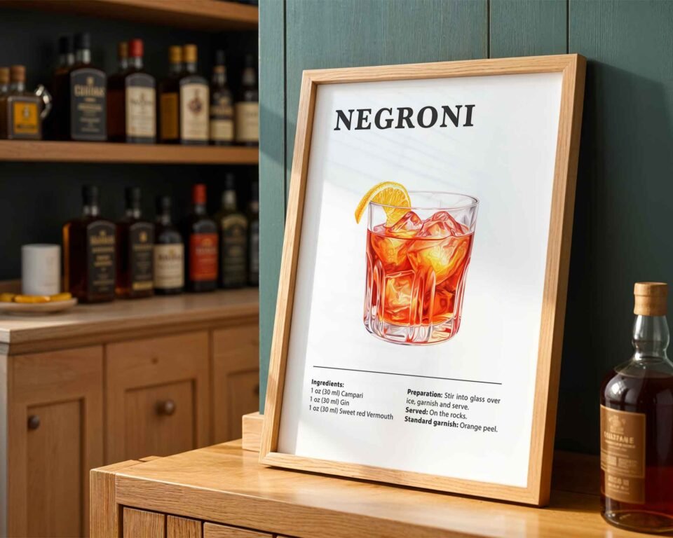 Classic Negroni Cocktail Recipe Wall Art | Illustrated Cocktail Poster for Home Bar | Kitchen & Bar Cart Decor Poster Print