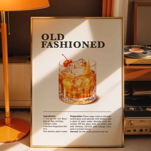 Old Fashioned Cocktail Recipe Poster Print | Minimalist Bar Cart Wall Art | Kitchen & Dining Room Decor | Illustrated Cocktail Guide
