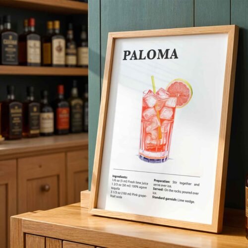 Classic Paloma Cocktail Recipe Wall Art | Illustrated Cocktail Poster for Home Bar | Kitchen & Bar Cart Decor Poster Print