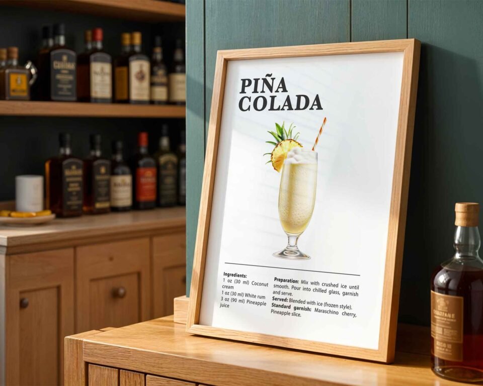 Classic Pina Colada Cocktail Recipe Wall Art | Illustrated Cocktail Poster for Home Bar | Kitchen & Bar Cart Decor Poster Print