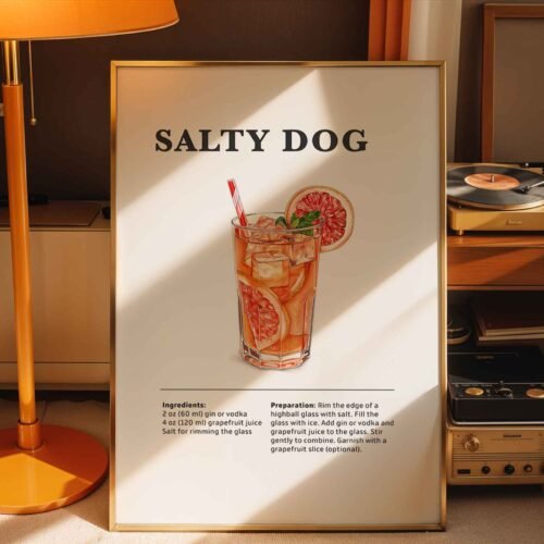 Salty Dog Cocktail Recipe Poster Print | Minimalist Bar Cart Wall Art | Kitchen & Dining Room Decor | Illustrated Cocktail Guide