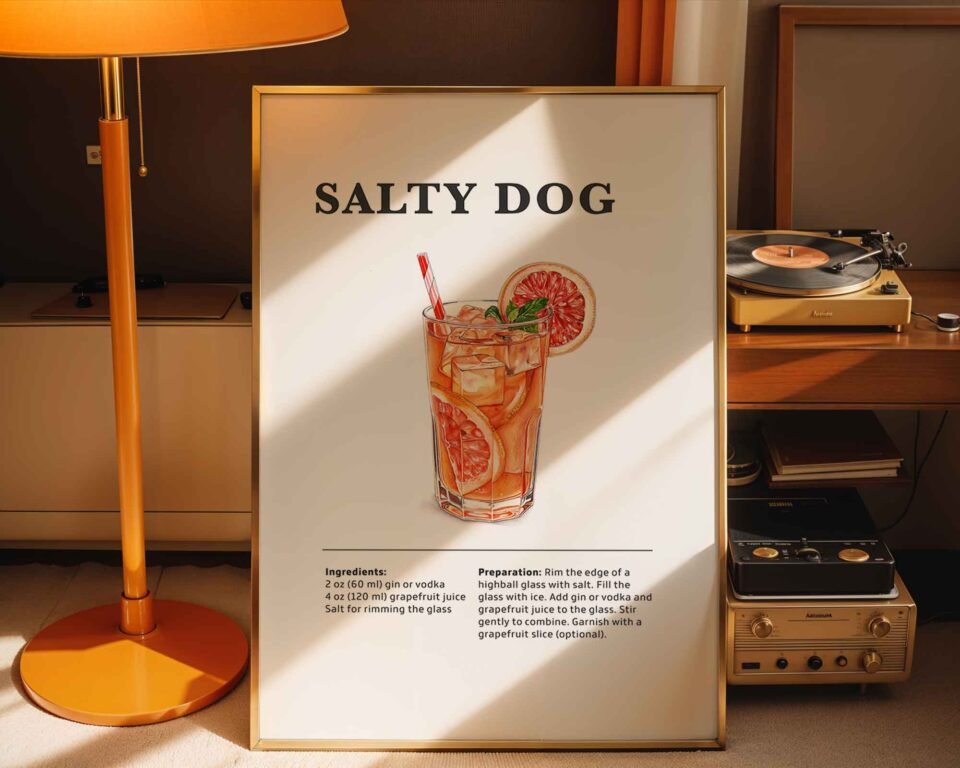Salty Dog Cocktail Recipe Poster Print | Minimalist Bar Cart Wall Art | Kitchen & Dining Room Decor | Illustrated Cocktail Guide