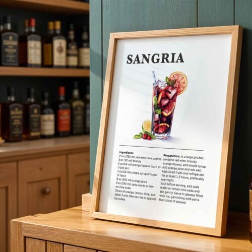 Classic Sangria Cocktail Recipe Wall Art | Illustrated Cocktail Poster for Home Bar | Kitchen & Bar Cart Decor Poster Print