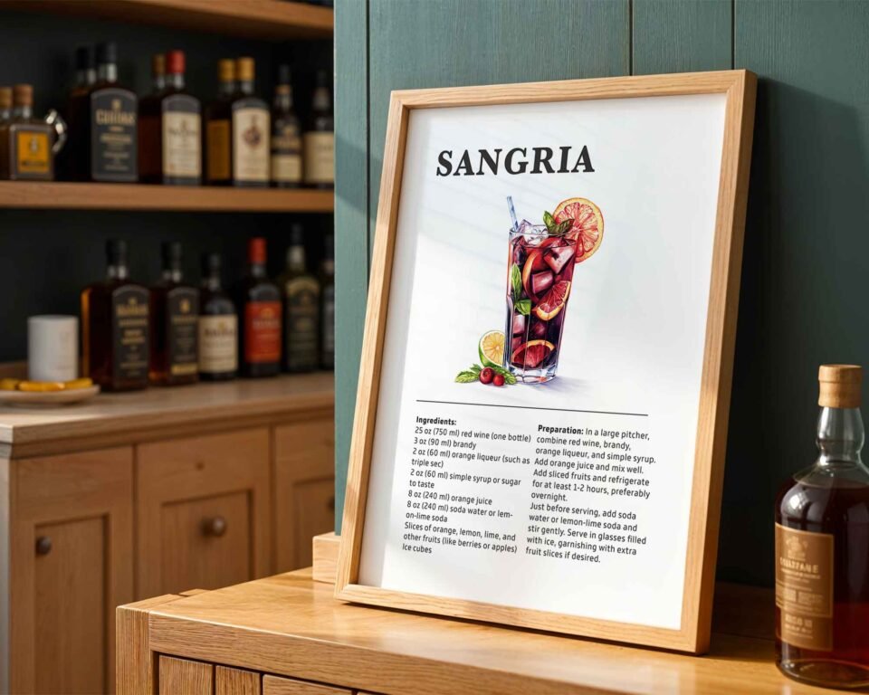 Classic Sangria Cocktail Recipe Wall Art | Illustrated Cocktail Poster for Home Bar | Kitchen & Bar Cart Decor Poster Print