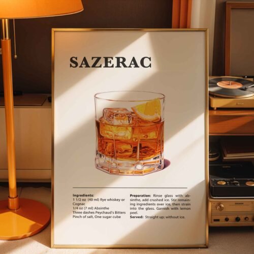 Classic Sazerac Cocktail Recipe Wall Art | Illustrated Cocktail Poster for Home Bar | Kitchen & Bar Cart Decor Poster Print