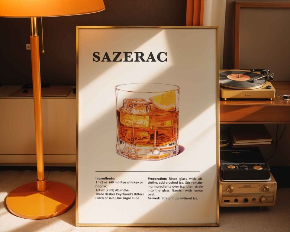 Classic Sazerac Cocktail Recipe Wall Art | Illustrated Cocktail Poster for Home Bar | Kitchen & Bar Cart Decor Poster Print