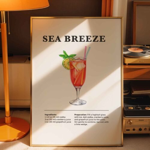 Classic Sea Breeze Cocktail Recipe Wall Art | Illustrated Cocktail Poster for Home Bar | Kitchen & Bar Cart Decor Poster Print