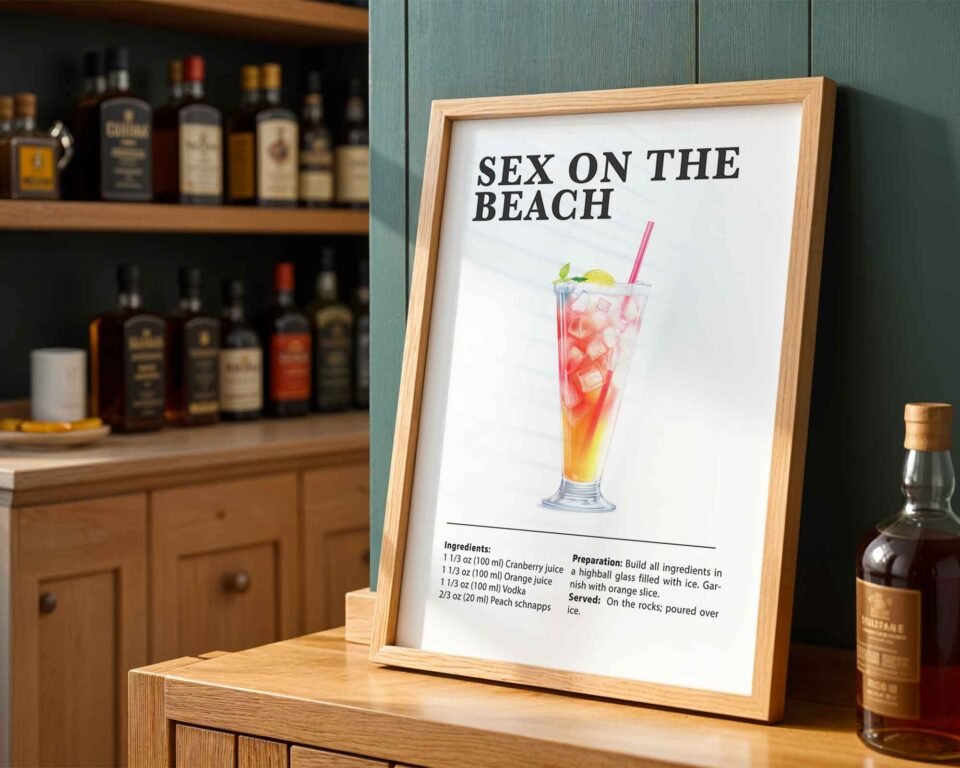 Sex on the Beach Cocktail Recipe Poster Print | Minimalist Bar Cart Wall Art | Kitchen & Dining Room Decor | Illustrated Cocktail Guide