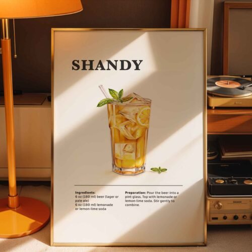 Classic Shandy Cocktail Recipe Wall Art | Illustrated Cocktail Poster for Home Bar | Kitchen & Bar Cart Decor Poster Print
