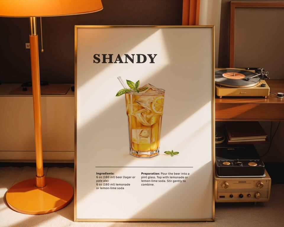 Classic Shandy Cocktail Recipe Wall Art | Illustrated Cocktail Poster for Home Bar | Kitchen & Bar Cart Decor Poster Print