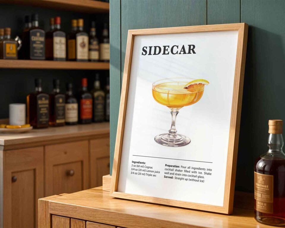 Sidecar Cocktail Recipe Poster Print | Minimalist Bar Cart Wall Art | Kitchen & Dining Room Decor | Illustrated Cocktail Guide