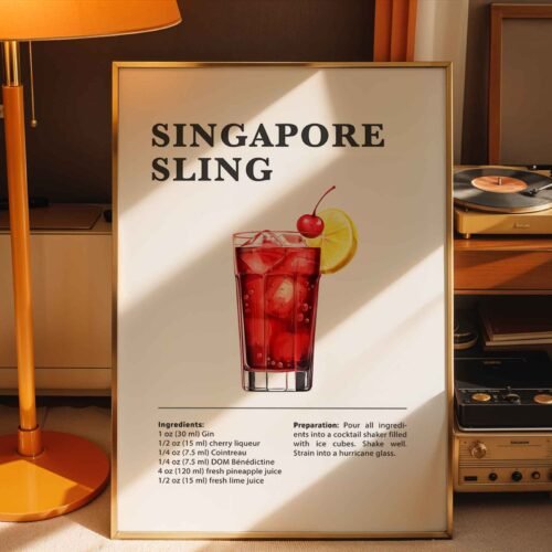 Singapore Sling Cocktail Recipe Poster Print | Minimalist Bar Cart Wall Art | Kitchen & Dining Room Decor | Illustrated Cocktail Guide