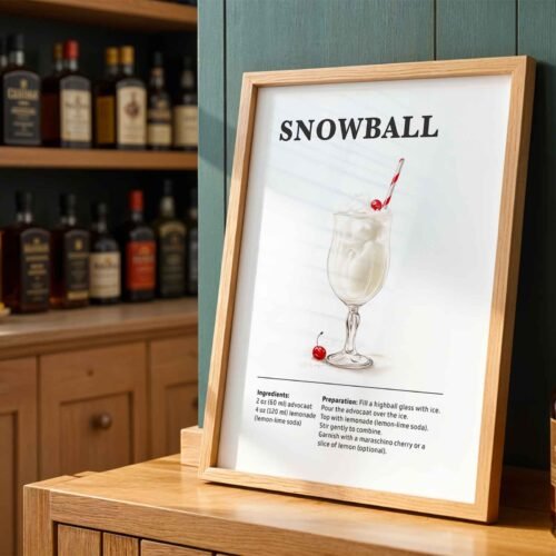 Classic Snowball Cocktail Recipe Wall Art | Illustrated Cocktail Poster for Home Bar | Kitchen & Bar Cart Decor Poster Print