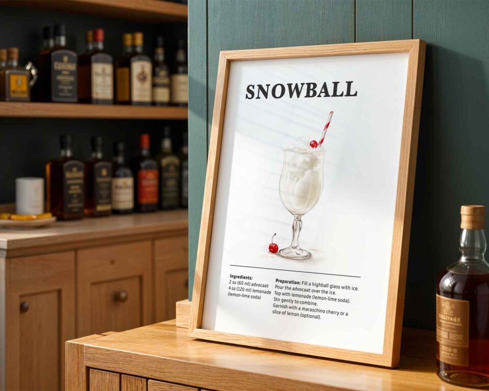 Classic Snowball Cocktail Recipe Wall Art | Illustrated Cocktail Poster for Home Bar | Kitchen & Bar Cart Decor Poster Print