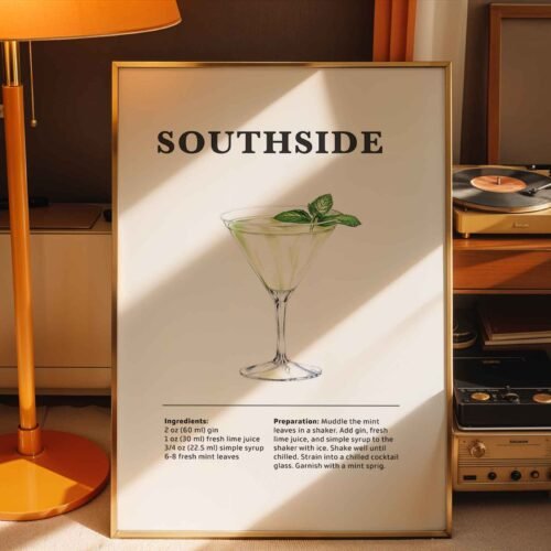 Southside Cocktail Recipe Poster Print | Minimalist Bar Cart Wall Art | Kitchen & Dining Room Decor | Illustrated Cocktail Guide