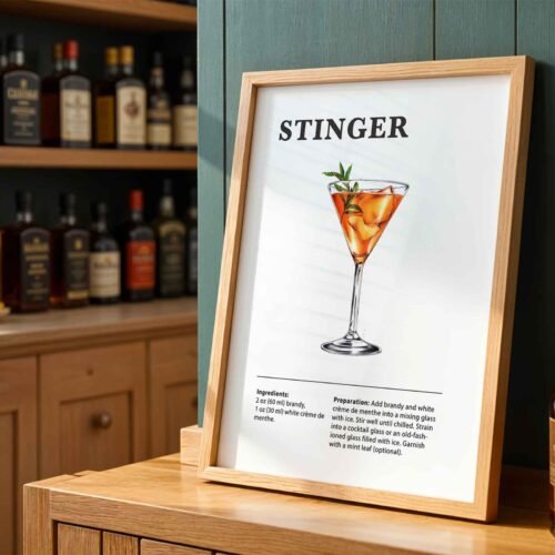 Classic Stinger Cocktail Recipe Wall Art | Illustrated Cocktail Poster for Home Bar | Kitchen & Bar Cart Decor Poster Print