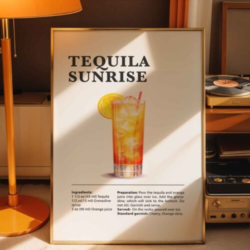 Tequila Sunrise Cocktail Recipe Poster Print | Minimalist Bar Cart Wall Art | Kitchen & Dining Room Decor | Illustrated Cocktail Guide