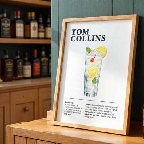 Classic Tom Collins Cocktail Recipe Wall Art | Illustrated Cocktail Poster for Home Bar | Kitchen & Bar Cart Decor Poster Print