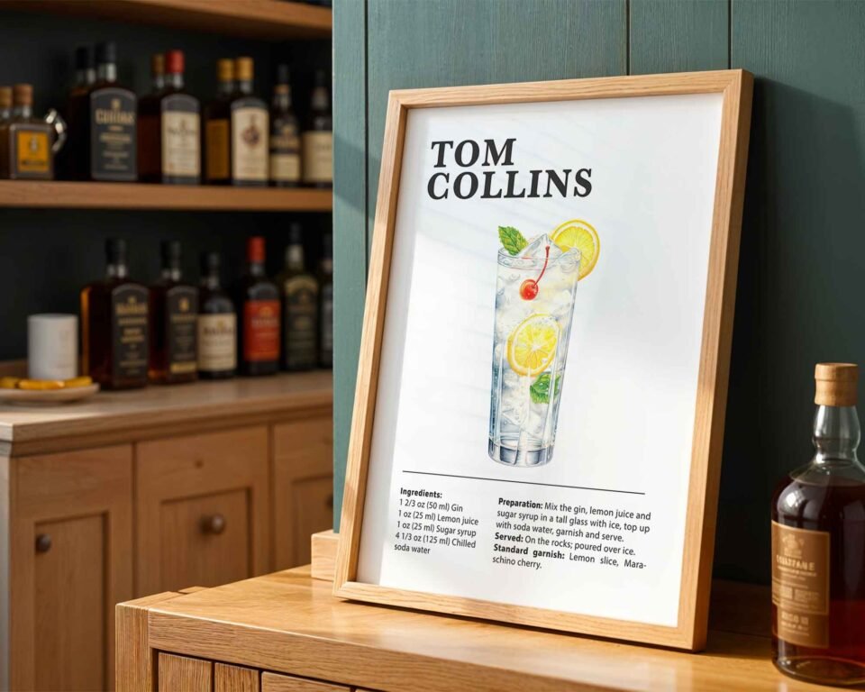 Classic Tom Collins Cocktail Recipe Wall Art | Illustrated Cocktail Poster for Home Bar | Kitchen & Bar Cart Decor Poster Print