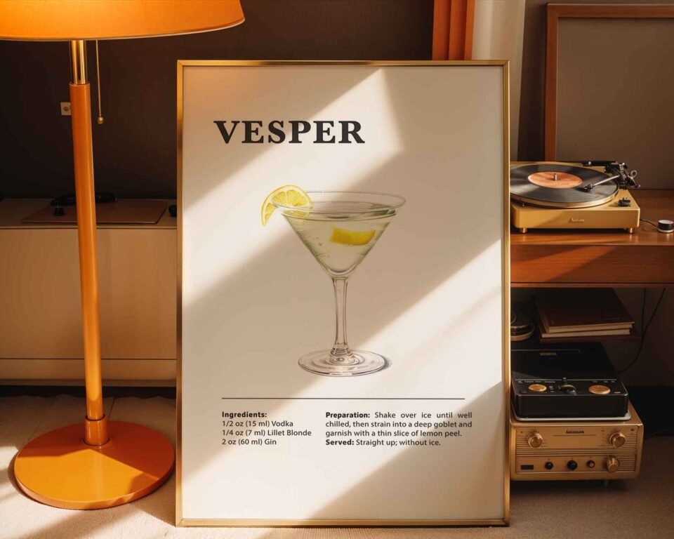 Vesper Cocktail Recipe Poster Print | Minimalist Bar Cart Wall Art | Kitchen & Dining Room Decor | Illustrated Cocktail Guide