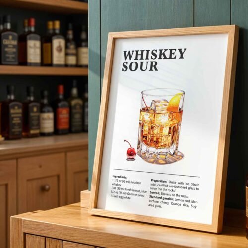 Classic Whiskey Sour Cocktail Recipe Wall Art | Illustrated Cocktail Poster for Home Bar | Kitchen & Bar Cart Decor Poster Print