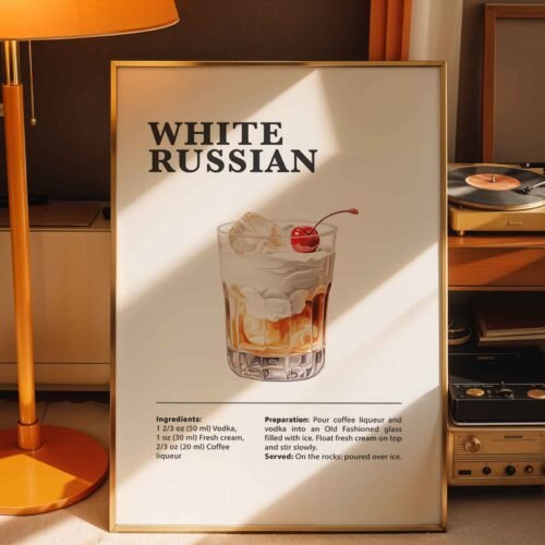 White Russian Cocktail Recipe Poster Print | Minimalist Bar Cart Wall Art | Kitchen & Dining Room Decor | Illustrated Cocktail Guide