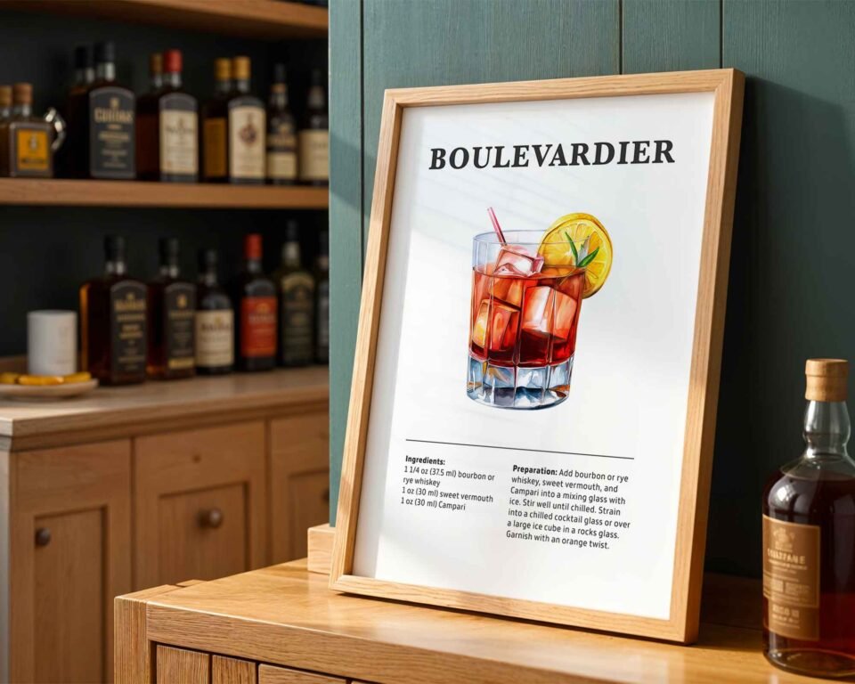 Boulevardier Cocktail Recipe Poster Print | Minimalist Bar Cart Wall Art | Kitchen & Dining Room Decor | Illustrated Cocktail Guide