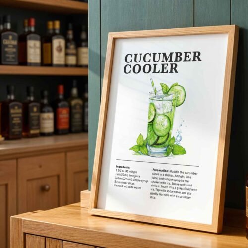 Cucumber Cooler Poster Print | Minimalist Illustrated Cocktail Recipe Print | Modern Kitchen & Bar Wall Art Prints