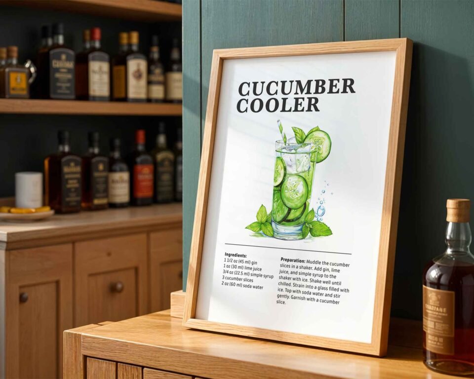 Cucumber Cooler Poster Print | Minimalist Illustrated Cocktail Recipe Print | Modern Kitchen & Bar Wall Art Prints