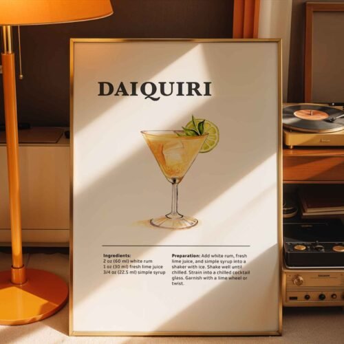 Daiquiri Cocktail Recipe Poster Print | Minimalist Bar Cart Wall Art | Kitchen & Dining Room Decor | Illustrated Cocktail Guide