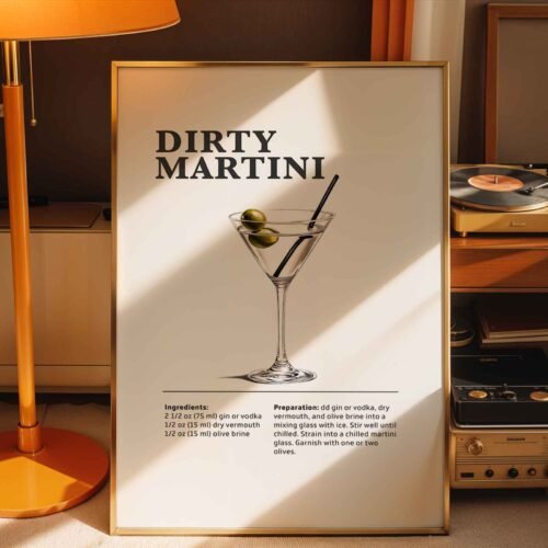 Dirty Martini Cocktail Recipe Poster Print | Minimalist Bar Cart Wall Art | Kitchen & Dining Room Decor | Illustrated Cocktail Guide