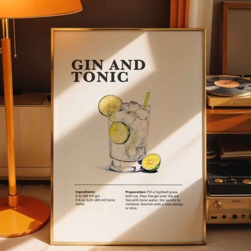 Gin and Tonic Cocktail Recipe Poster Print | Minimalist Bar Cart Wall Art | Kitchen & Dining Room Decor | Illustrated Cocktail Guide