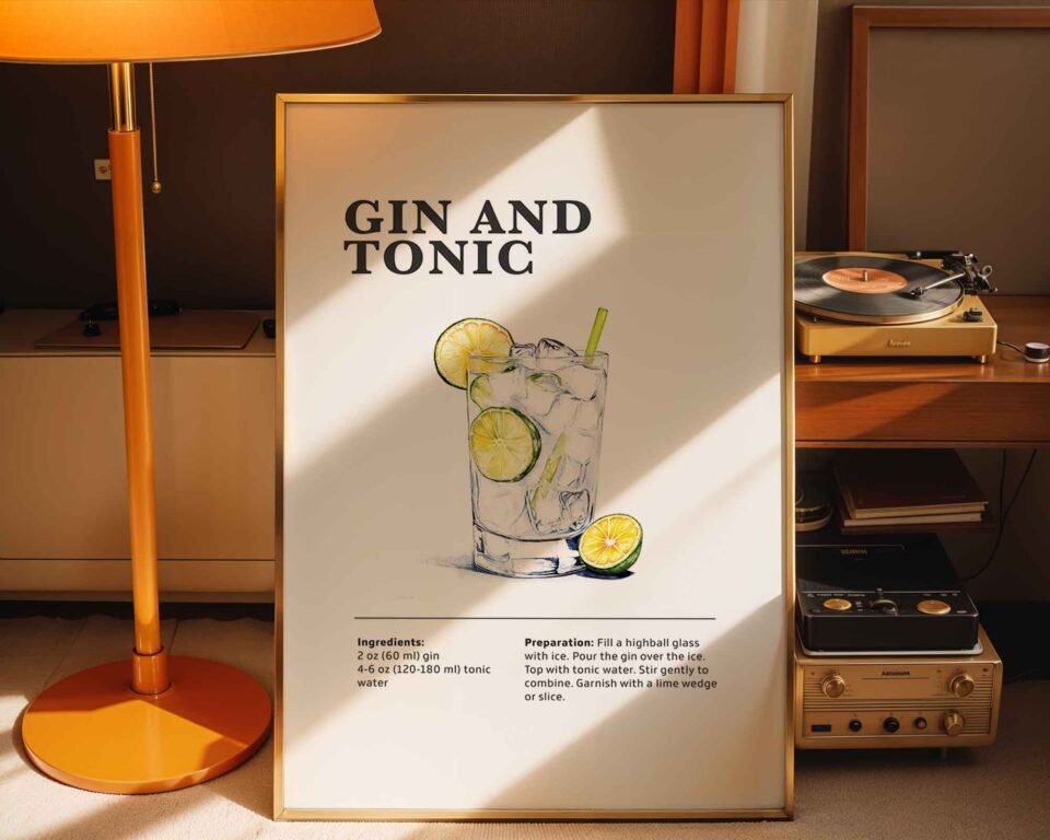 Gin and Tonic Cocktail Recipe Poster Print | Minimalist Bar Cart Wall Art | Kitchen & Dining Room Decor | Illustrated Cocktail Guide
