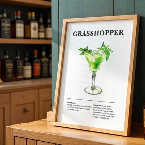 Grasshopper Cocktail Recipe Poster Print | Minimalist Bar Cart Wall Art | Kitchen & Dining Room Decor | Illustrated Cocktail Guide