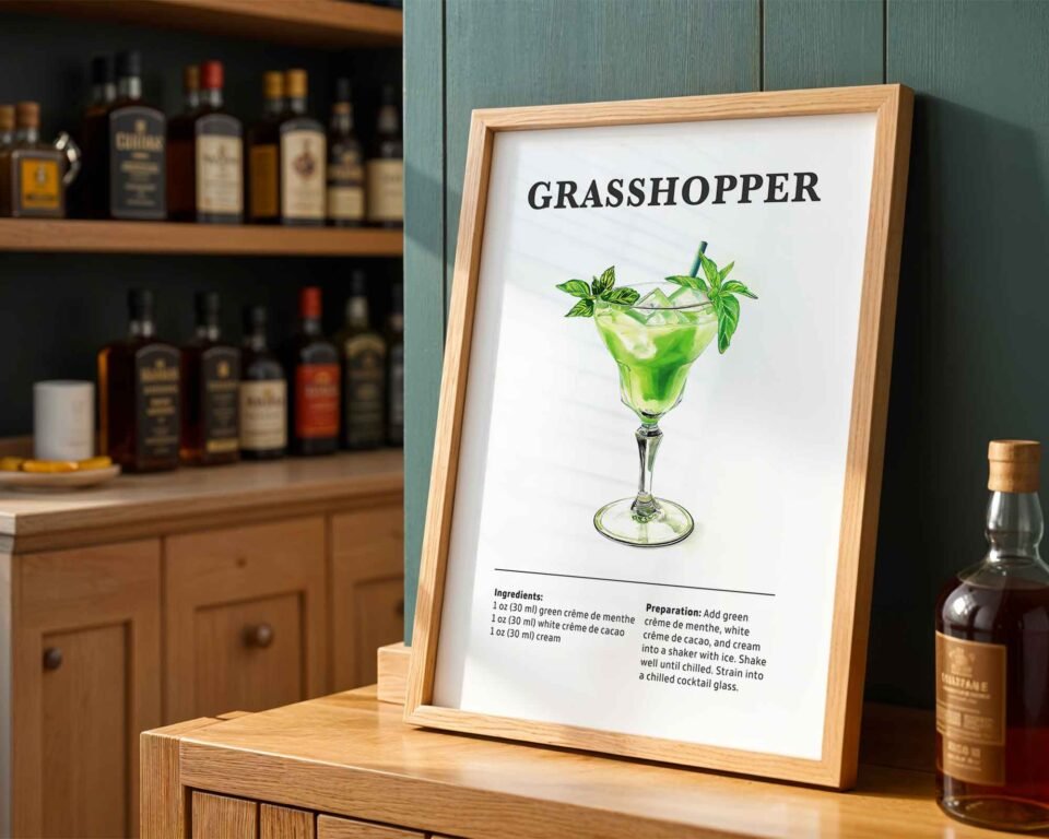 Grasshopper Cocktail Recipe Poster Print | Minimalist Bar Cart Wall Art | Kitchen & Dining Room Decor | Illustrated Cocktail Guide