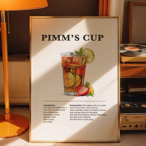 Pimm’s Cup Cocktail Recipe Poster Print | Minimalist Bar Cart Wall Art | Kitchen & Dining Room Decor | Illustrated Cocktail Guide